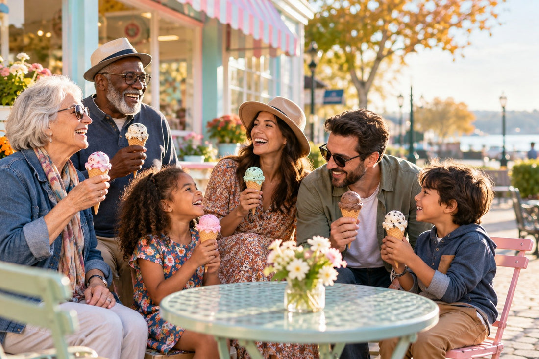 Family and friends enjoying colorful ice cream cones outside a local scoop shop