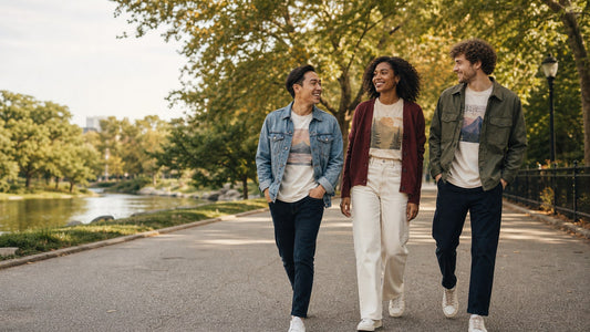 Three friends wearing layered graphic tee outfits in an urban park during early fall