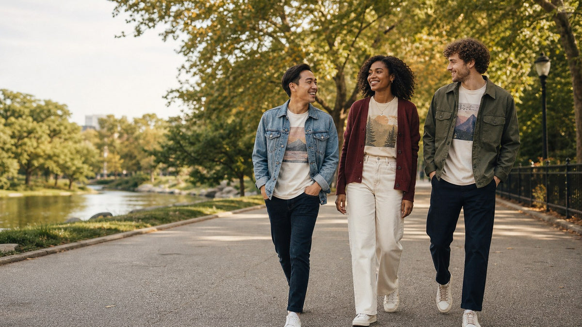 Three friends wearing layered graphic tee outfits in an urban park during early fall