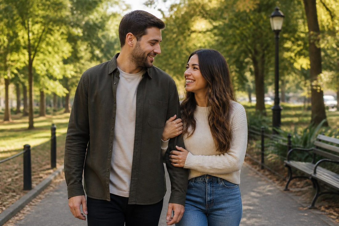 Couple walking together in a sunlit park for National Couples Day
