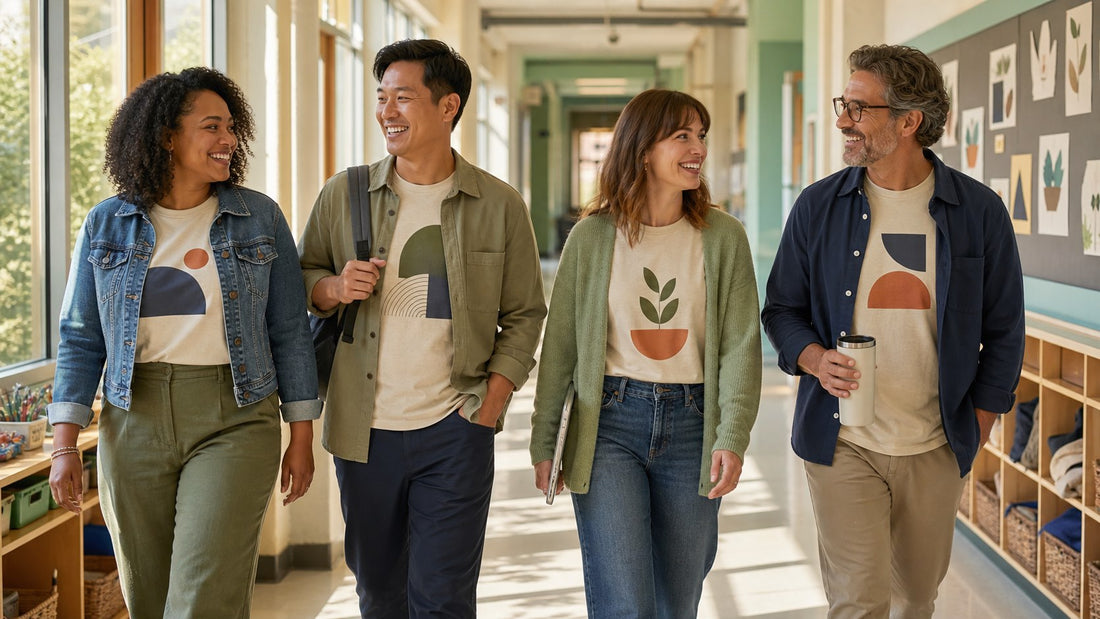 Four teachers wearing layered first-day-of-school outfits in a bright school hallway