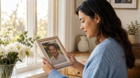 Daughter holding a framed photo of her dad on his birthday in heaven