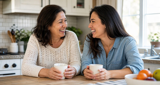 Mother and adult daughter sharing a warm laugh at the kitchen table