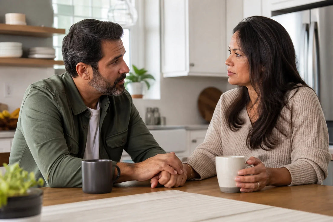 Husband listening supportively while holding his wife's hand at the kitchen table