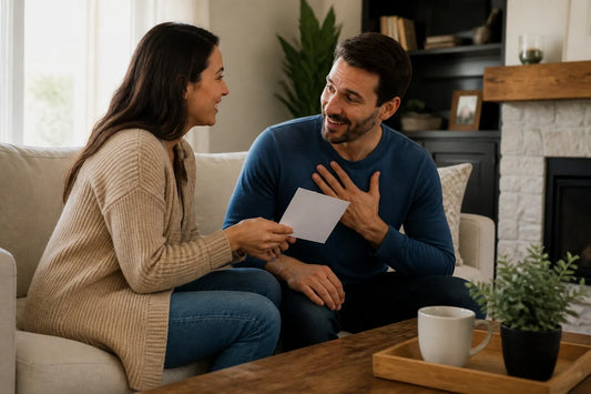Wife giving her husband a handwritten thank-you note at home