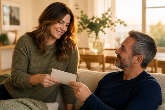Wife giving her husband a handwritten anniversary card at home