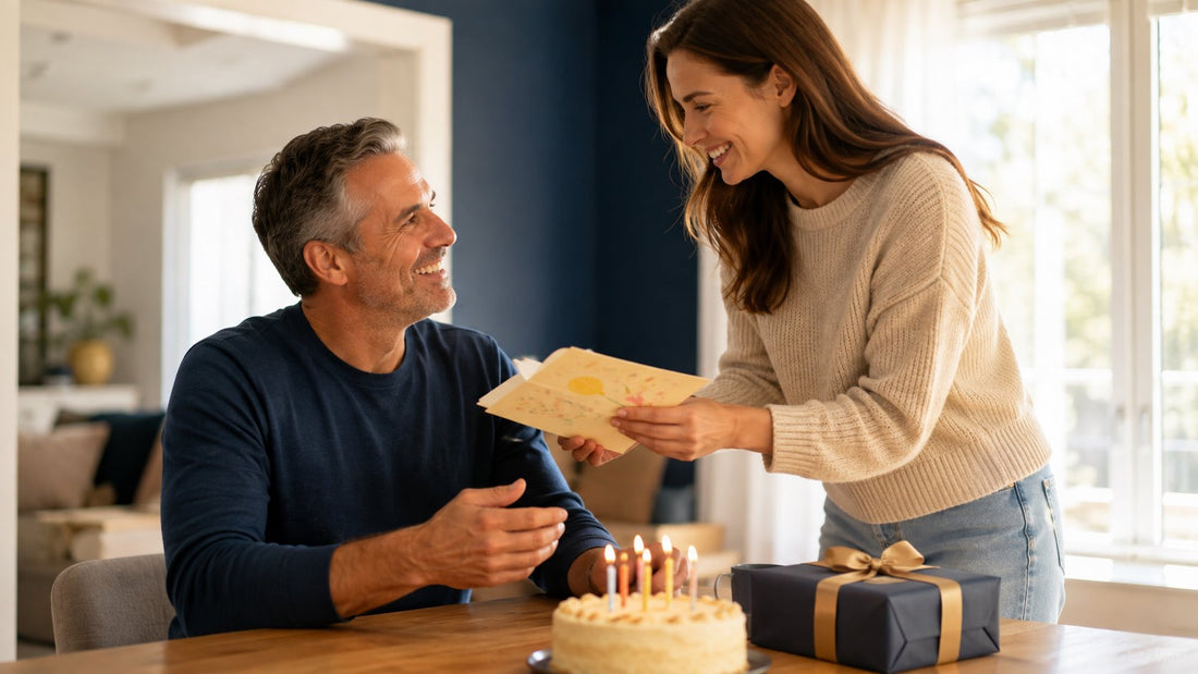Stepdaughter giving her stepdad a birthday card at a warm family breakfast