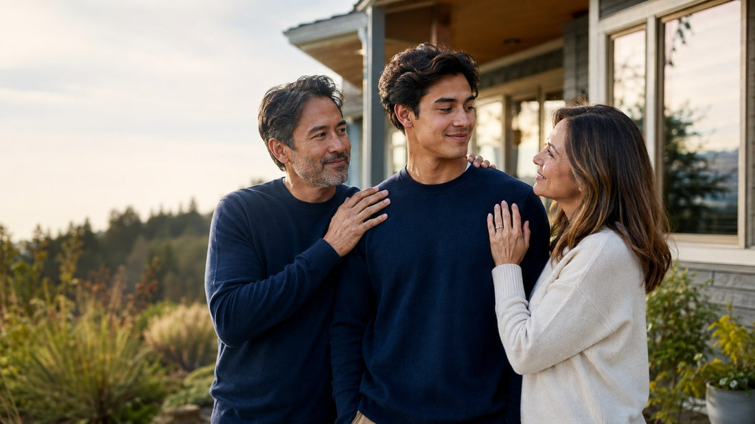 Parents sharing a proud moment with their grown son outside their home