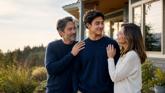 Parents sharing a proud moment with their grown son outside their home