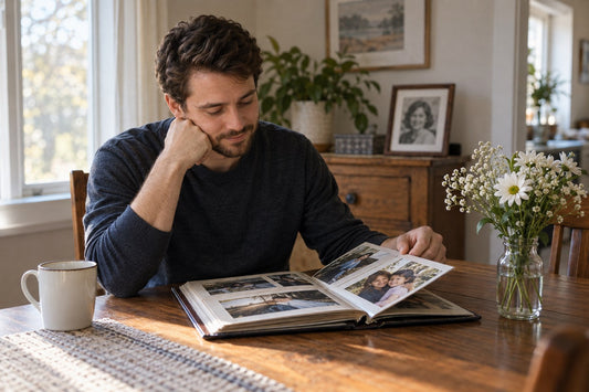 Adult son remembering his late mother with a family photo album and flowers