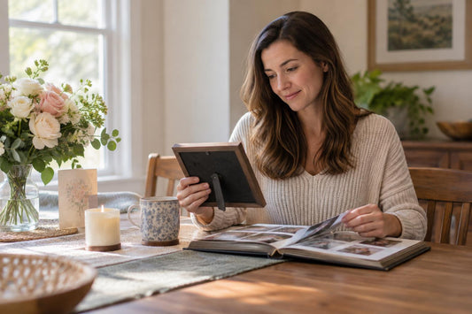 Adult daughter remembering her late mother with a framed family photograph and flowers