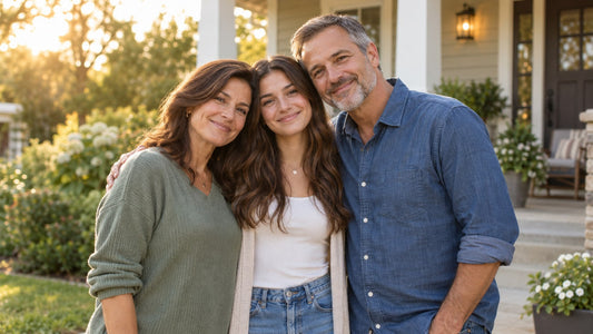 Mother, father, and adult daughter sharing a proud family moment on a sunlit porch