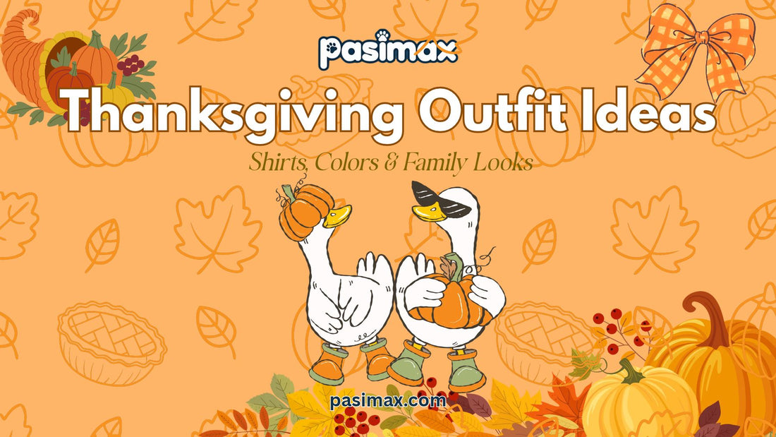 Thanksgiving outfit ideas featuring a festive graphic T-shirt, autumn leaves, and pumpkins.
