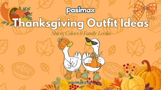Thanksgiving outfit ideas featuring a festive graphic T-shirt, autumn leaves, and pumpkins.