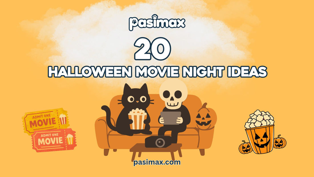 Halloween movie night ideas with cozy blankets, popcorn, pumpkin decorations, and spooky season snacks