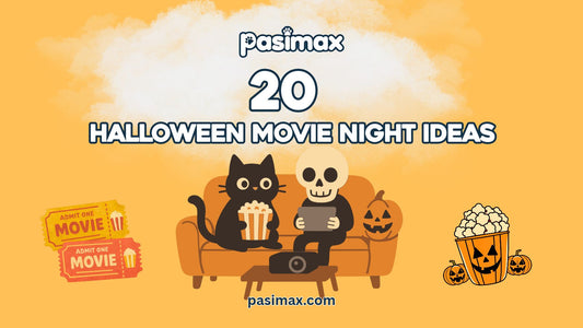 Halloween movie night ideas with cozy blankets, popcorn, pumpkin decorations, and spooky season snacks
