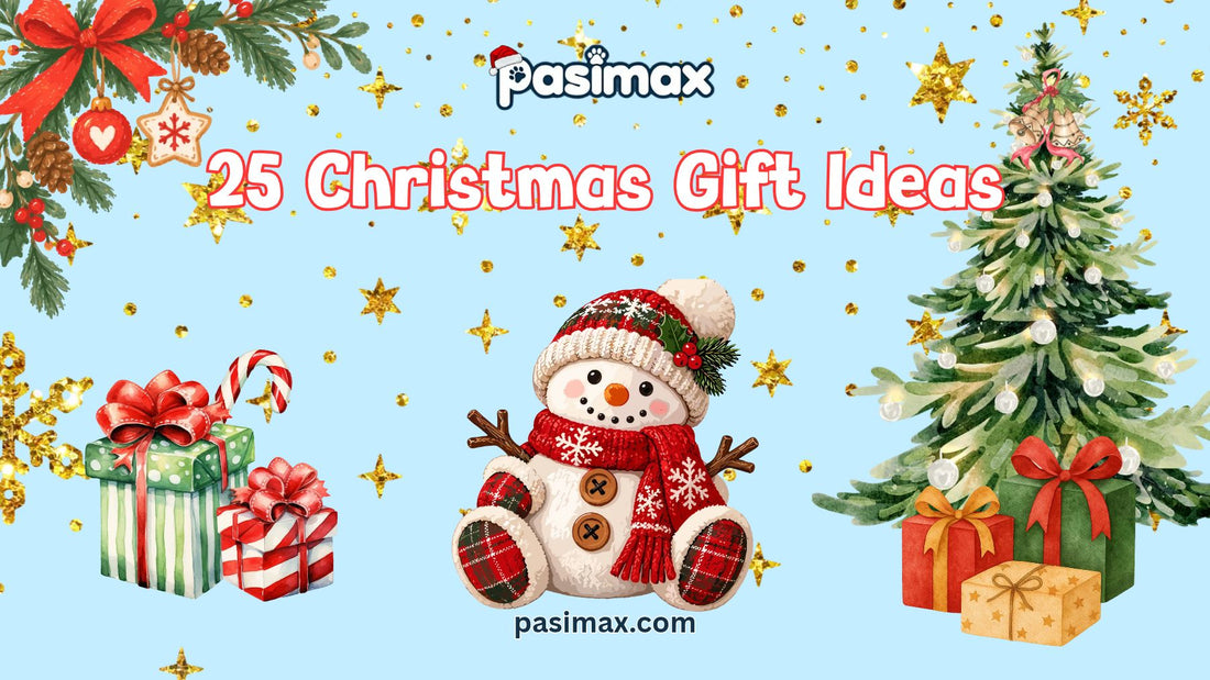 Christmas gift ideas featuring wrapped presents, festive graphic apparel, Christmas ornaments, and holiday decorations.