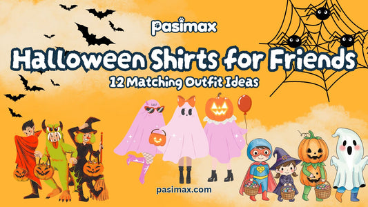 Friends wearing matching Halloween graphic T-shirts for a coordinated fall outfit