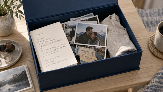A navy anniversary memory box holding a letter, photographs and a folded top, AI illustration