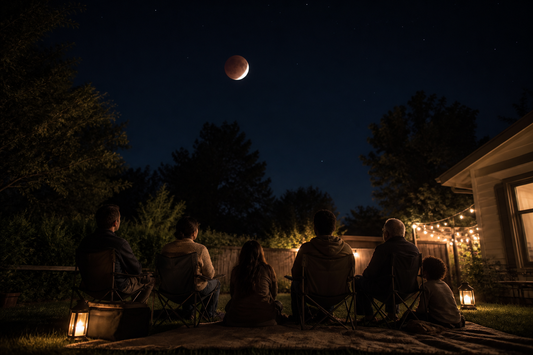Friends and family watching the August 2026 partial lunar eclipse in a U.S. backyard