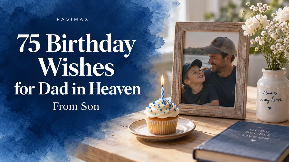 Birthday wishes for Dad in heaven from son beside a family photo and candle