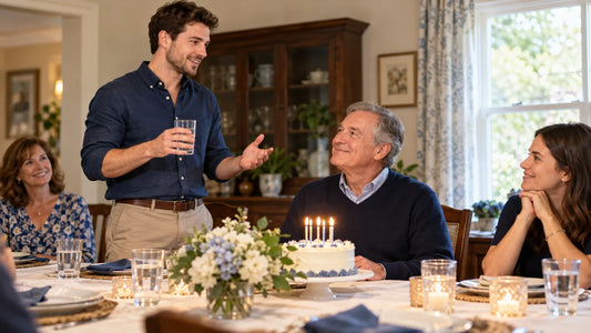 Fictional adult son giving a birthday toast beside his smiling father, AI illustration