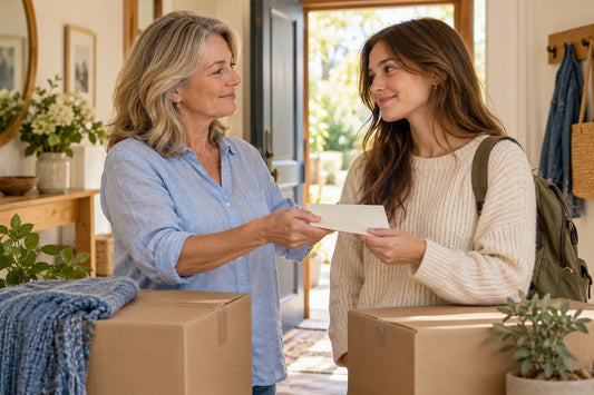 Fictional mother giving her adult daughter a letter beside moving boxes; AI illustration.