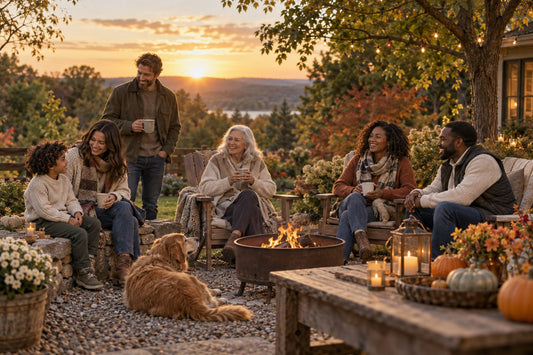 Family and friends welcoming the first evening of fall together at golden hour