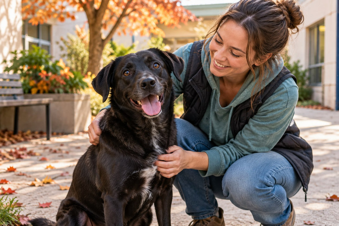 National Black Dog Day 2026 shelter volunteer with a happy black mixed-breed dog