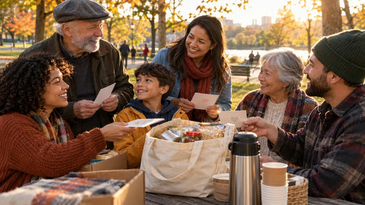 Neighbors sharing appreciation cards and donated groceries in a sunny fall park