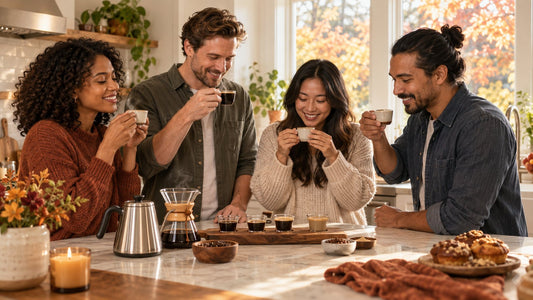 Friends comparing coffee cups during a warm National Coffee Day 2026 tasting