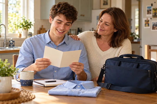 A fictional parent sharing first job congratulations with her son over a card; AI illustration.