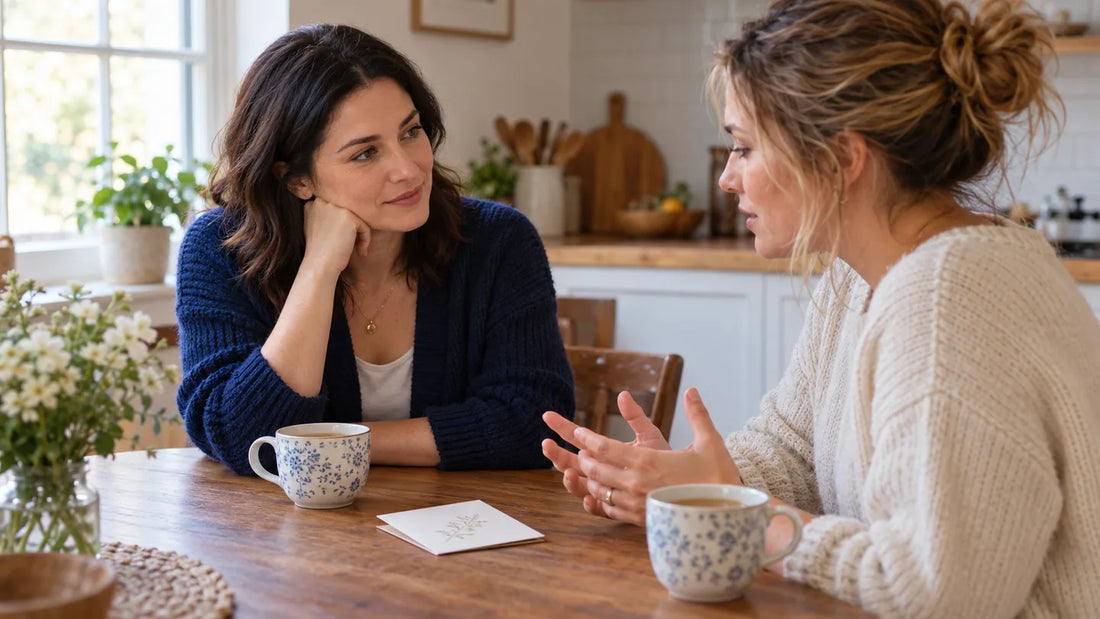 Two fictional friends talking over tea at a kitchen table, AI illustration
