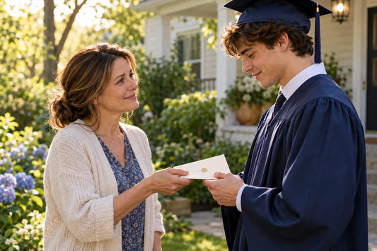Fictional mother handing a graduation letter to her son in a navy gown; AI illustration.