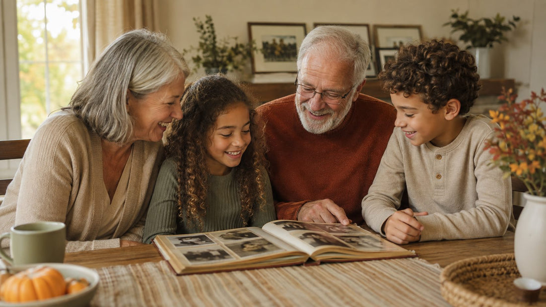 Grandparents sharing family stories from a photo album with two grandchildren