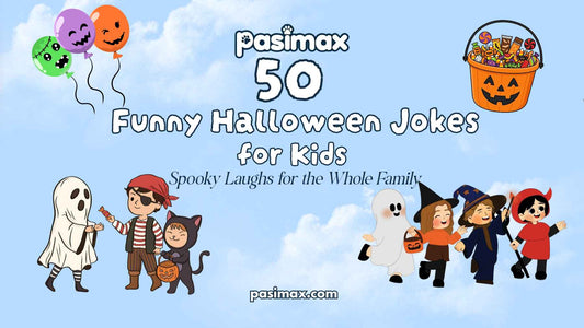 Funny Halloween jokes for kids with children laughing and Halloween decorations