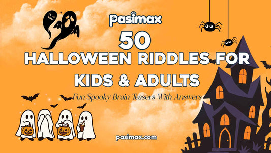 Halloween riddles for kids and adults with pumpkins and spooky decorations