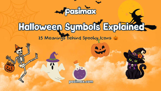 Halloween symbols including pumpkins ghosts bats and black cats