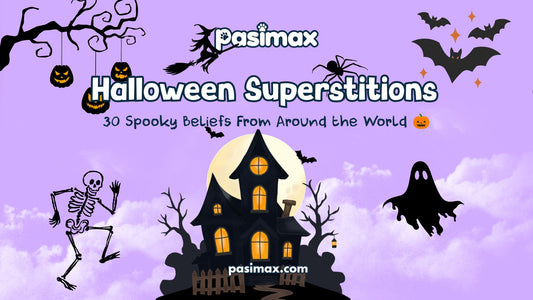 Halloween superstitions with black cat pumpkin witch and spooky symbols