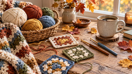 Colorful yarn, crochet hooks, granny squares, and coffee arranged for International Crochet Day 2026