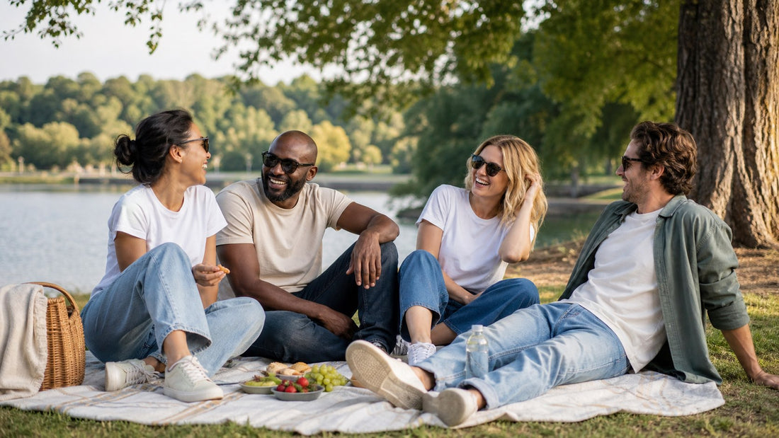 Friends sharing Labor Day weekend outfit ideas at a relaxed late-summer park picnic