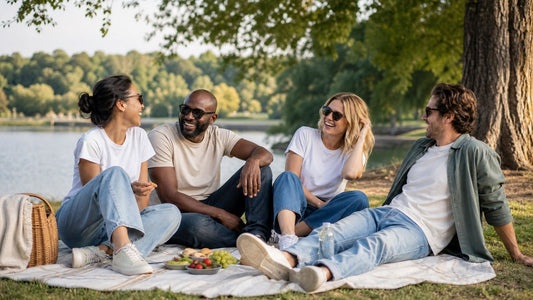 Friends sharing Labor Day weekend outfit ideas at a relaxed late-summer park picnic