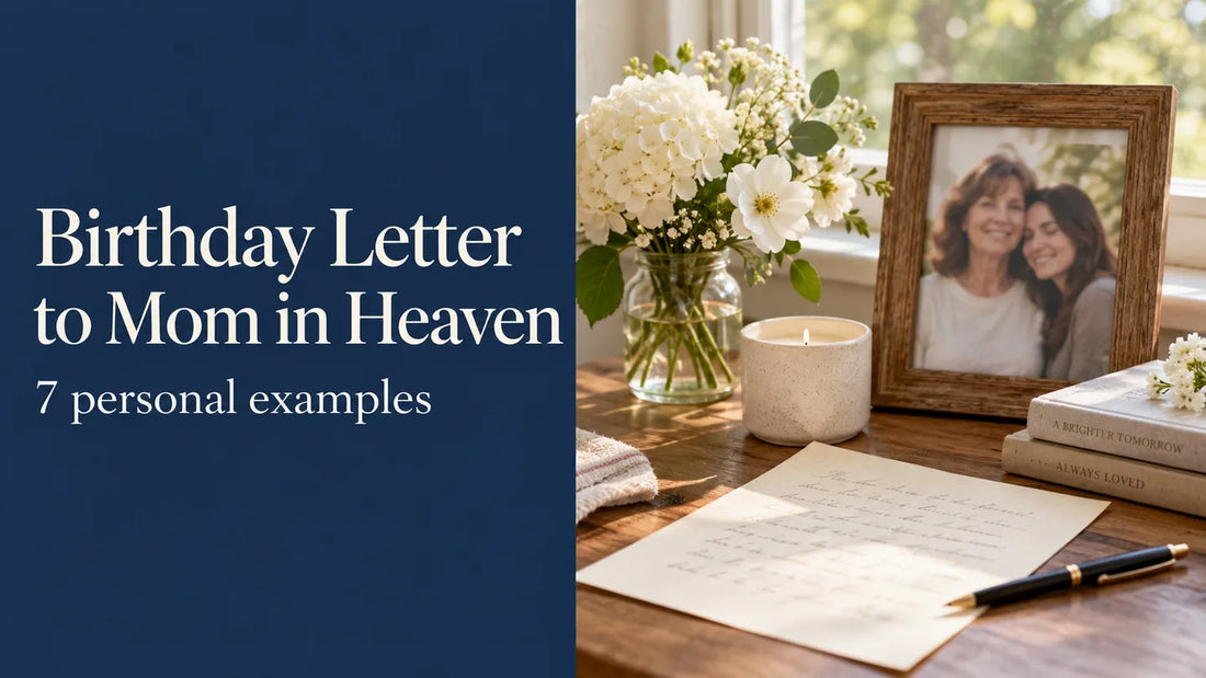 Birthday letter to Mom in heaven beside flowers, a candle and a framed family photo, AI illustration