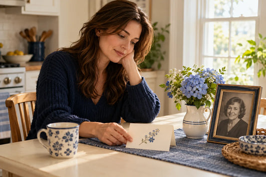 A fictional daughter placing a birthday card beside flowers and a framed portrait; AI illustration.