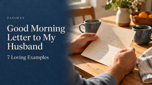 Good morning letter to my husband cover with a man reading a note beside blue coffee cups, AI illustration