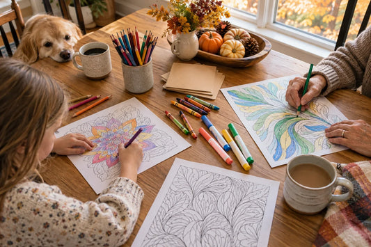 Family members coloring together at a warm fall table for National Coloring Day 2026