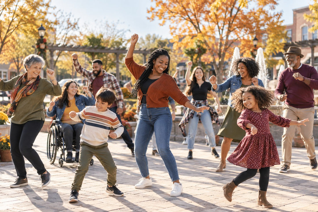 A multigenerational community dancing together outdoors for National Dance Day 2026