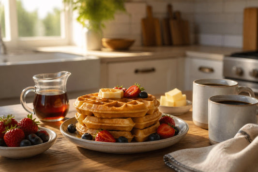 National Waffle Day breakfast with golden waffles, berries, maple syrup, and coffee