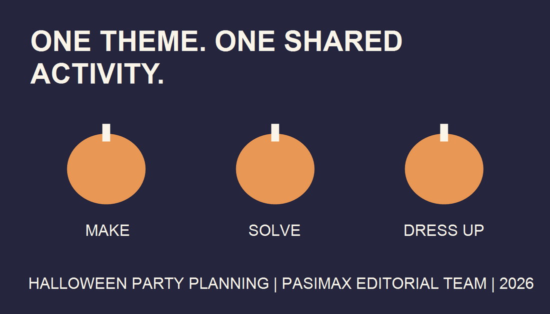 Original Halloween party planning illustration with pumpkins labeled Make, Solve, and Dress Up