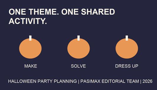 Original Halloween party planning illustration with pumpkins labeled Make, Solve, and Dress Up